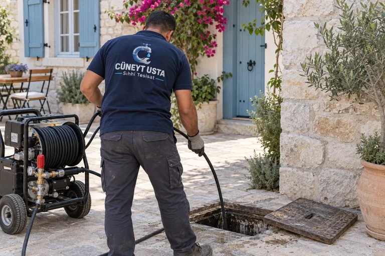 Taş avluda rögardan yüksek basınçlı makineyle gider temizliği