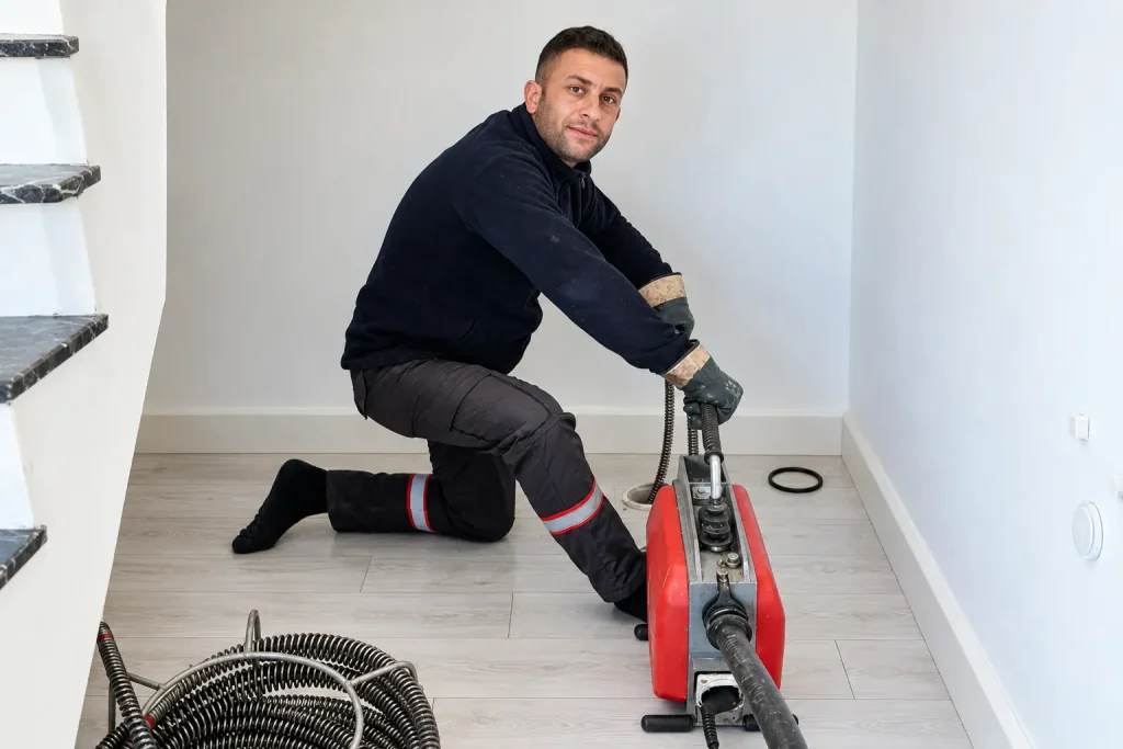Çeşme tesisat ustası iç mekânda elektrikli spiral makinesiyle gider tıkanıklığı açıyor